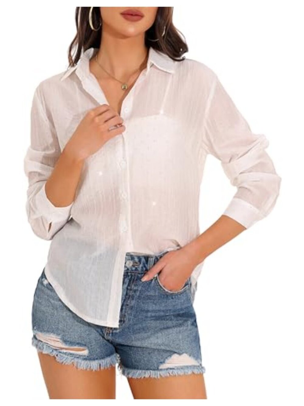 Women's Rhinestone Sparkly Sheer Blouse Long Sleeve Button Down Top